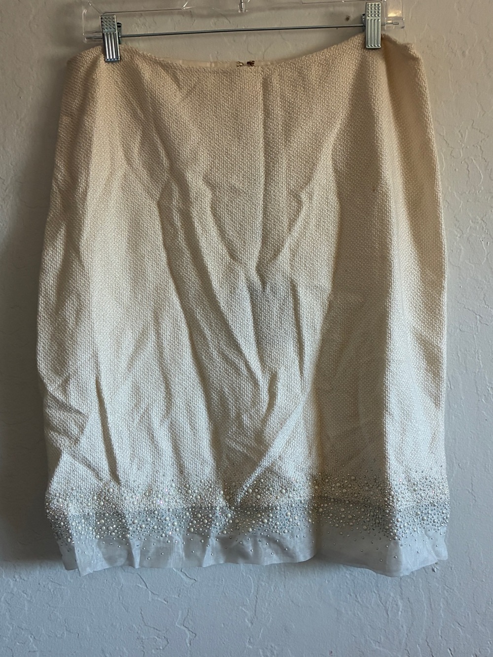 St John Cream Pencil Skirt Rhinestone Hem Wool USA Wedding Beautiful $795